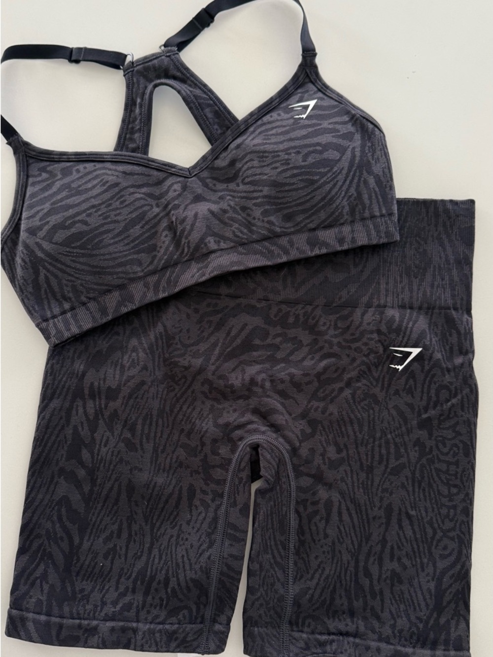 Gymshark Black Charcoal Zebra Seamless Sports Bra & Bike Shorts Set